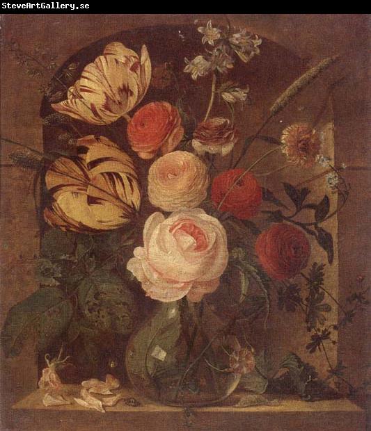 unknow artist Still life of various flowers in a glass vase,set in a niche